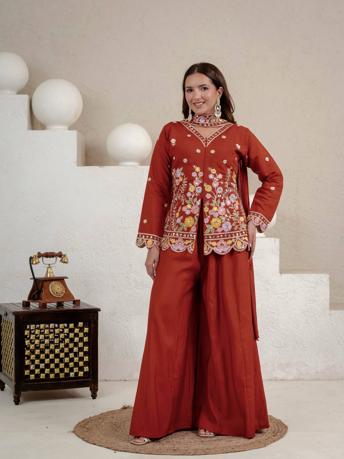 Rust Roman Silk Sequin Sharara Set