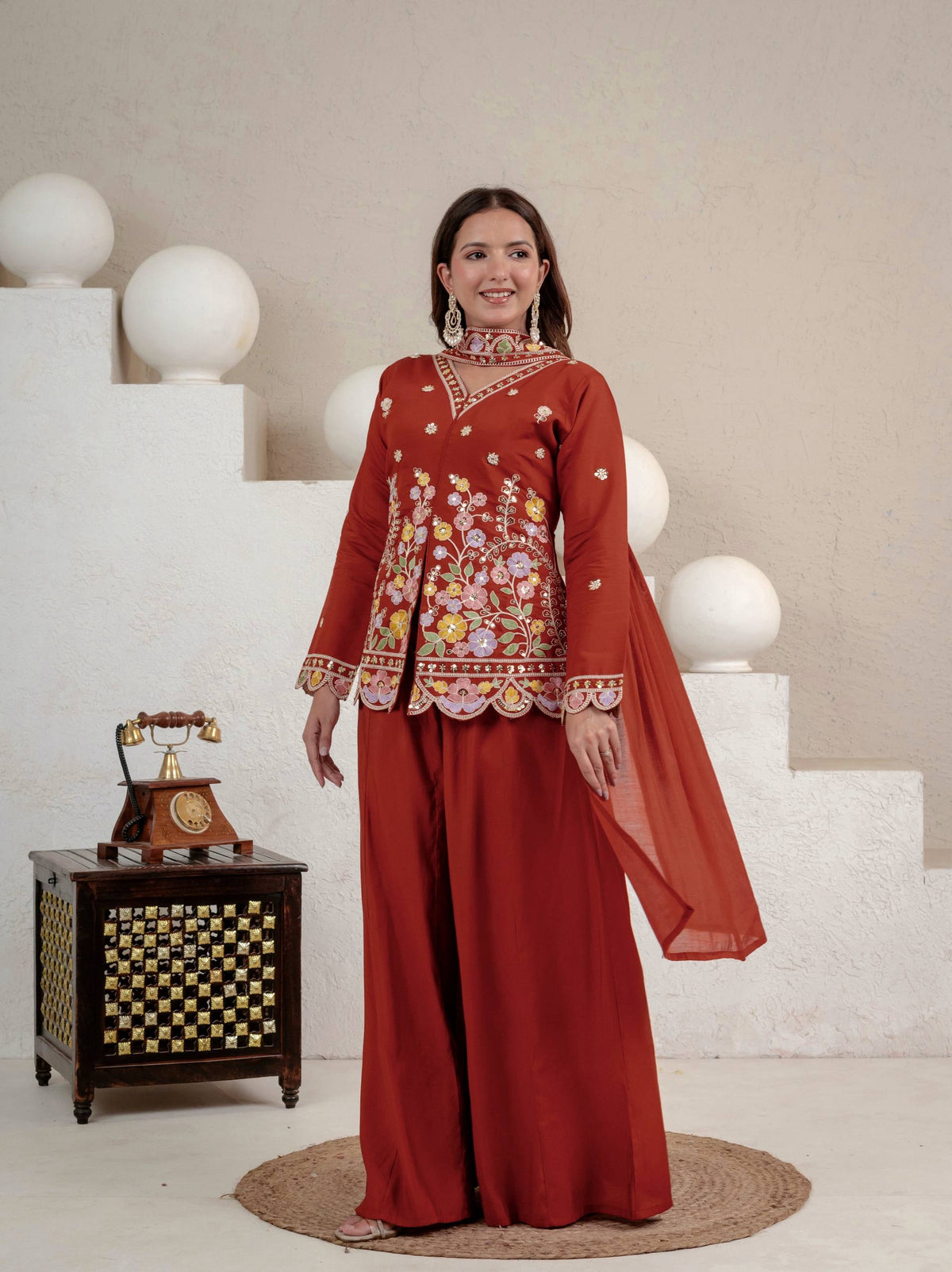 Rust Roman Silk Sequin Sharara Set