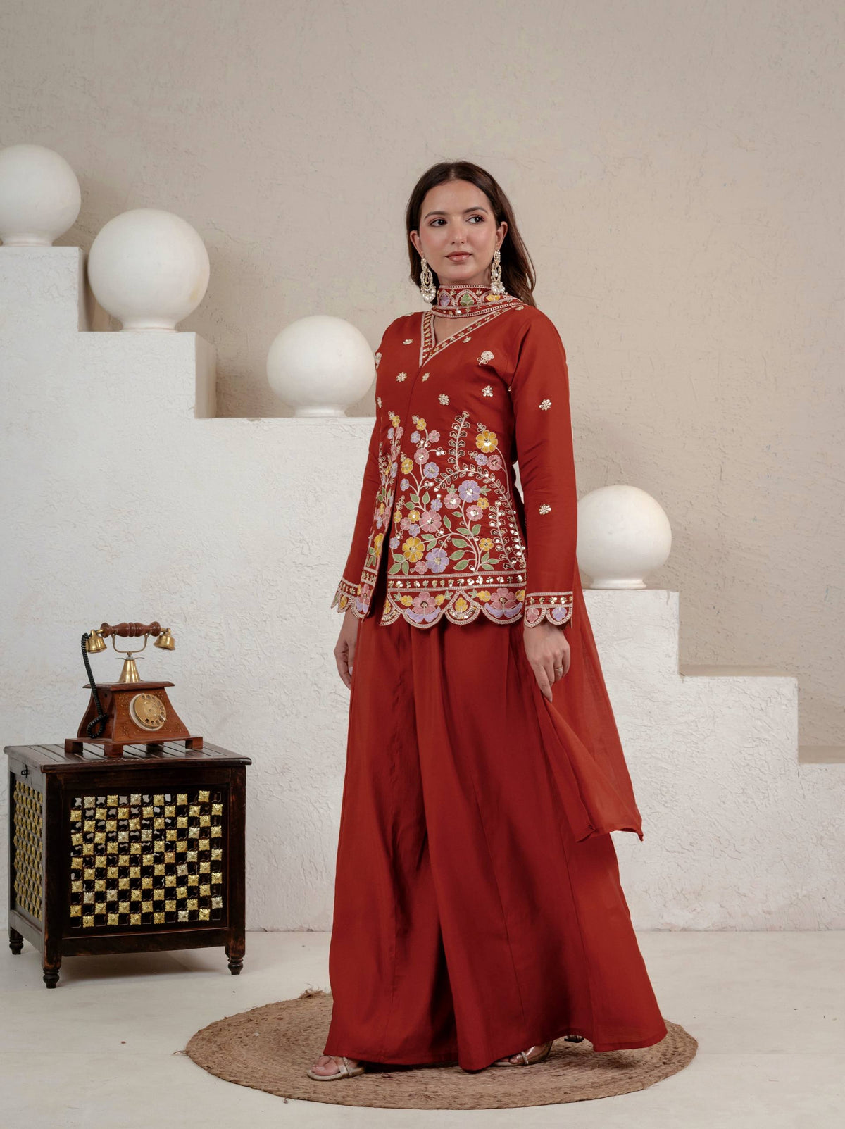 Rust Roman Silk Sequin Sharara Set