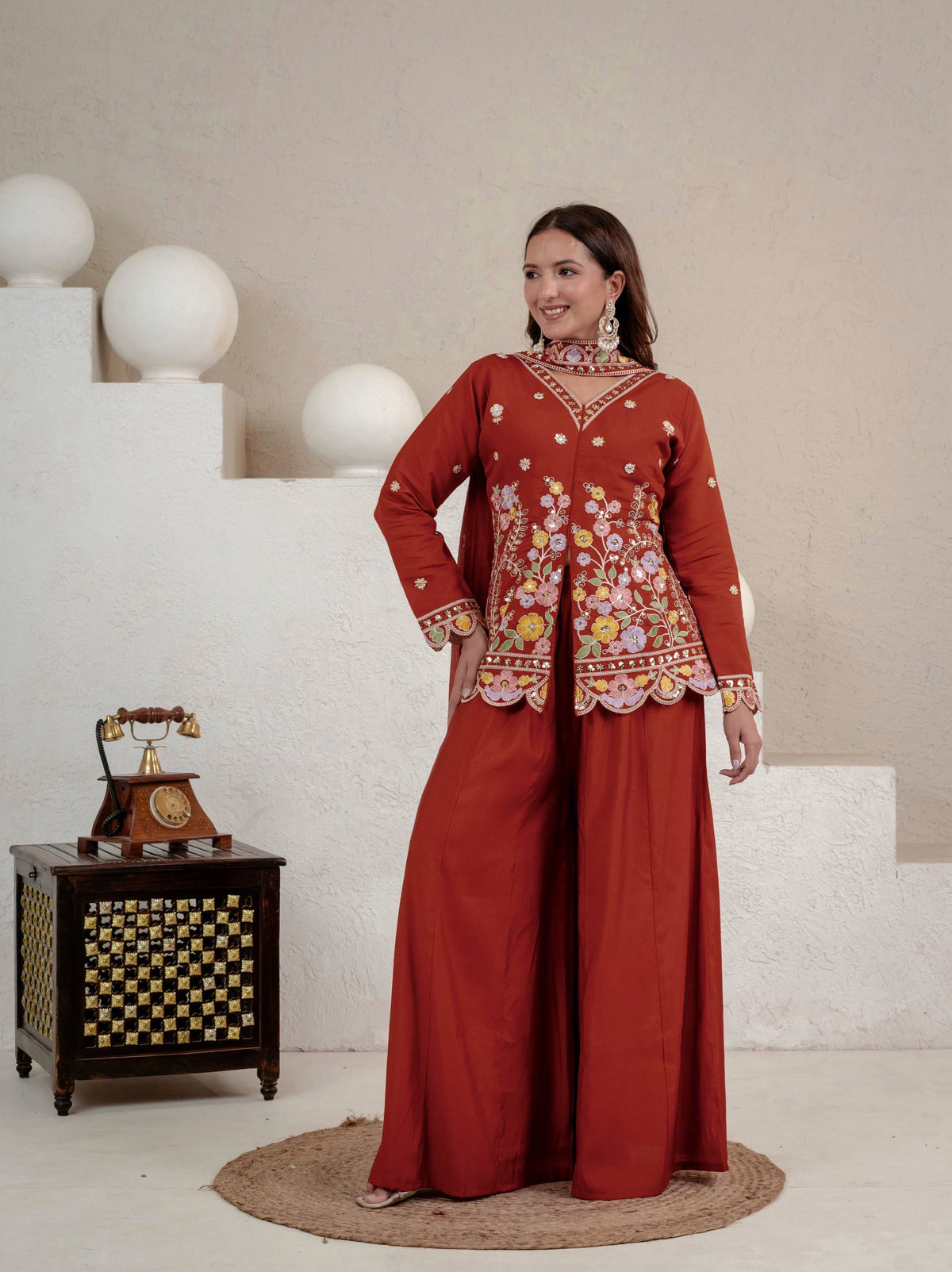 Rust Roman Silk Sequin Sharara Set