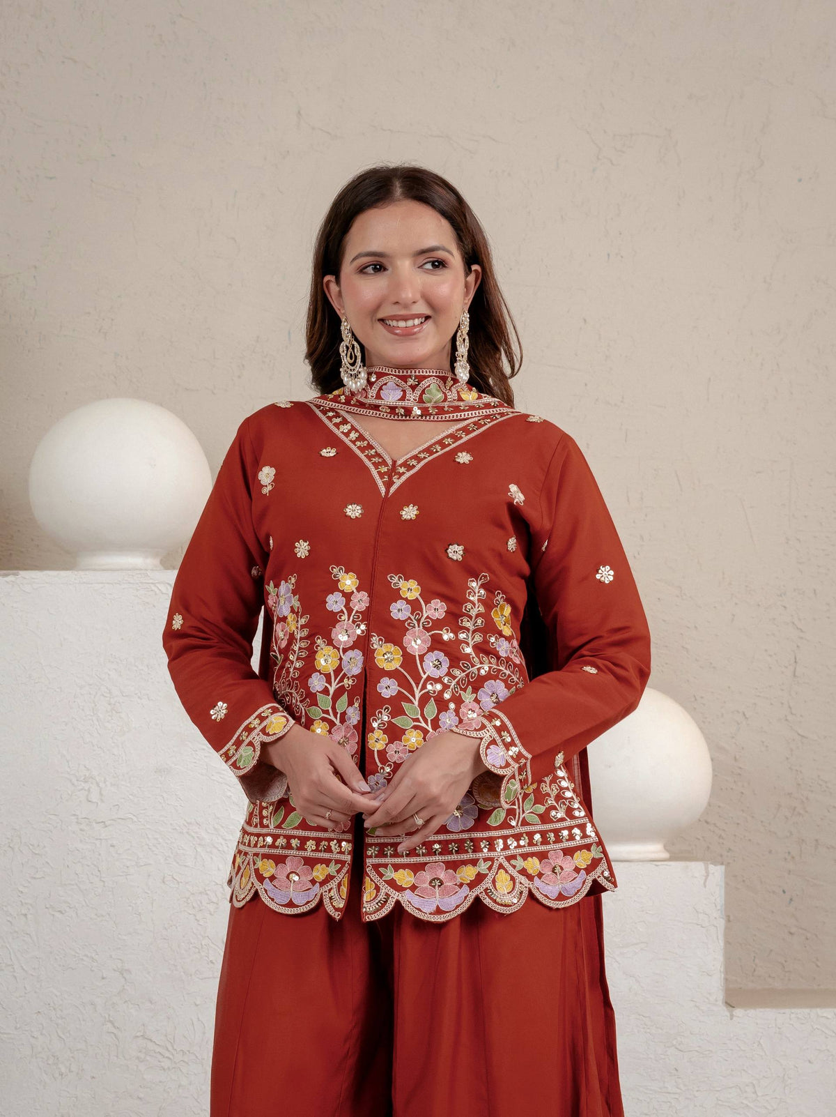Rust Roman Silk Sequin Sharara Set