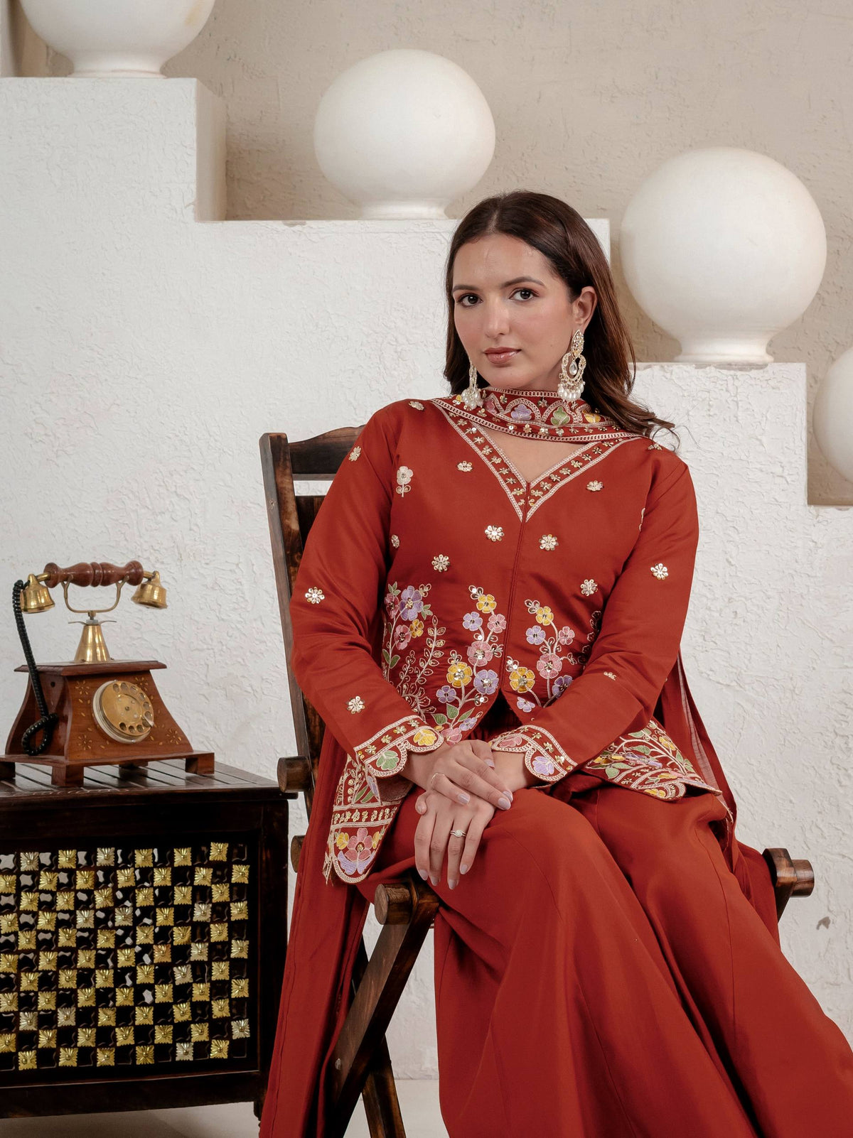 Rust Roman Silk Sequin Sharara Set
