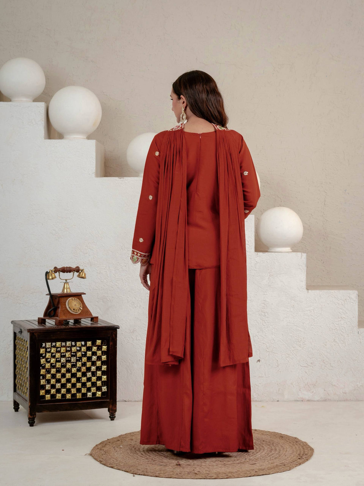 Rust Roman Silk Sequin Sharara Set