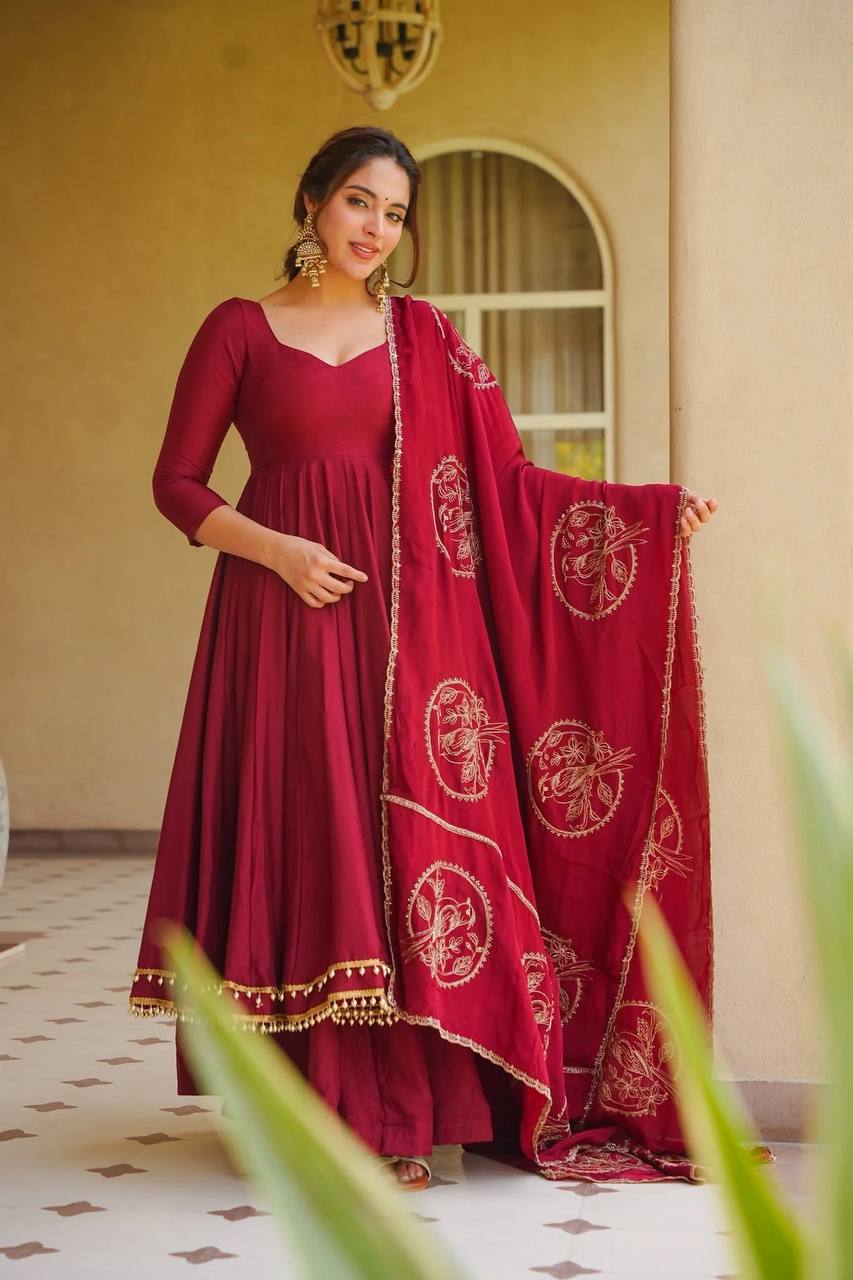 Wine Roman Silk Anarkali Set