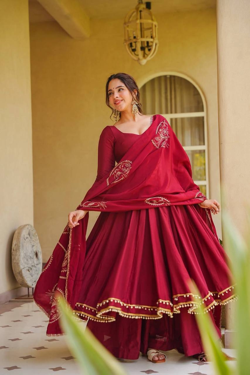 Wine Roman Silk Anarkali Set