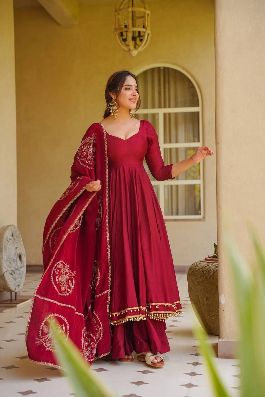 Wine Roman Silk Anarkali Set