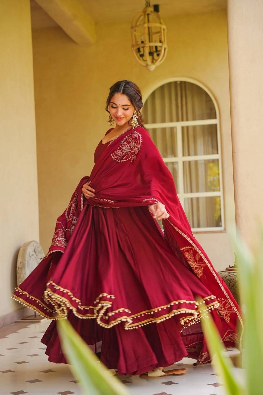 Wine Roman Silk Anarkali Set