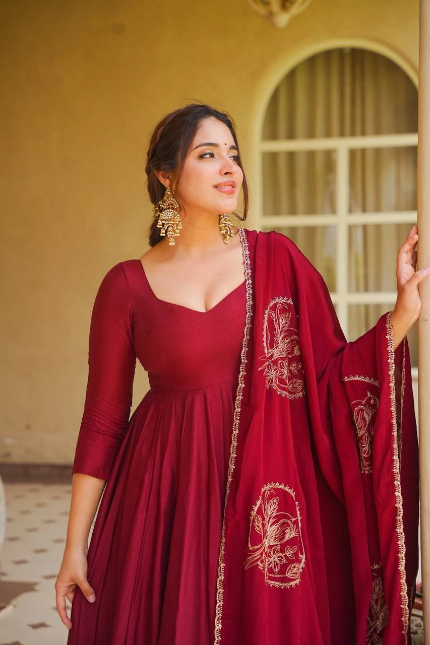 Wine Roman Silk Anarkali Set