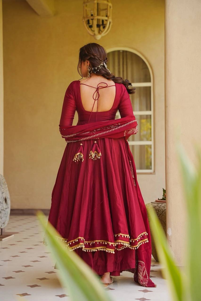Wine Roman Silk Anarkali Set