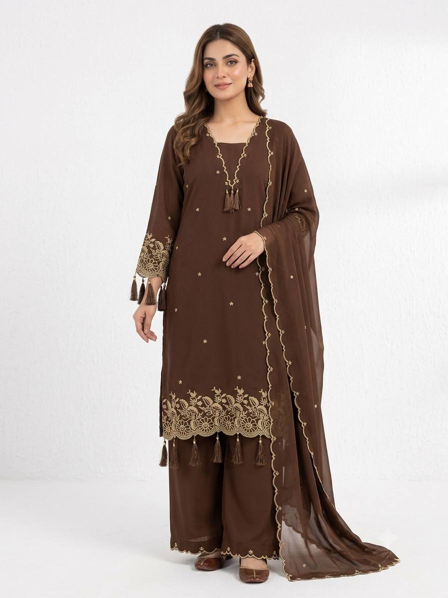 Chocolate Brown Floral Embroidered Suit Set