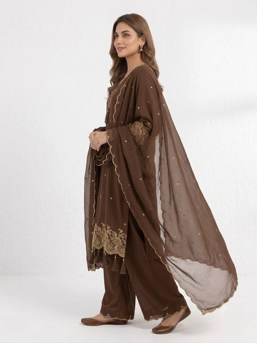 Chocolate Brown Floral Embroidered Suit Set