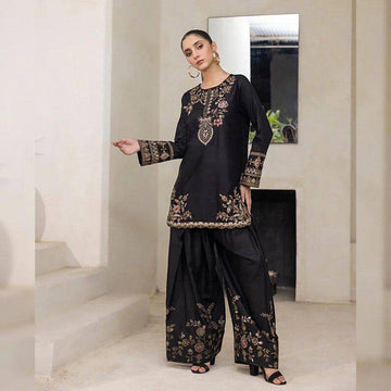 Black Natural Crepe Embroidered Set