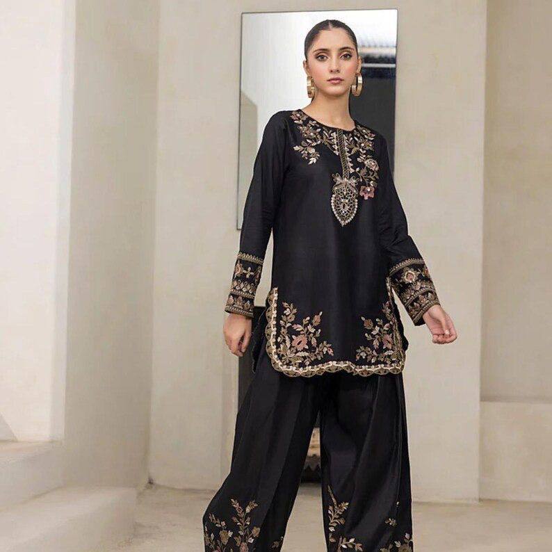 Black Natural Crepe Embroidered Set