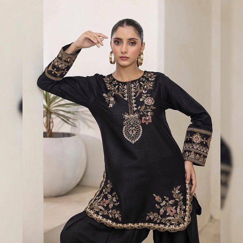 Black Natural Crepe Embroidered Set