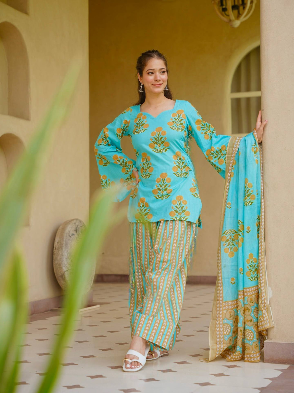 Aqua Floral Cambric Farshi Set