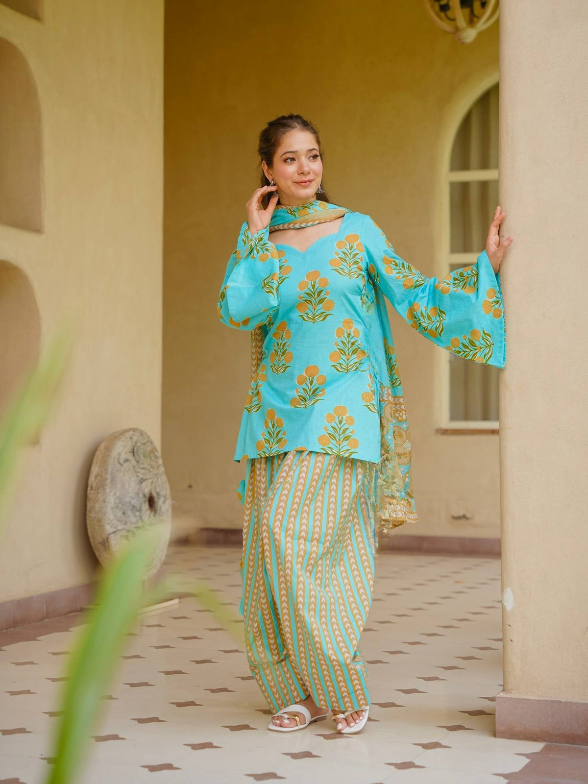 Aqua Floral Cambric Farshi Set