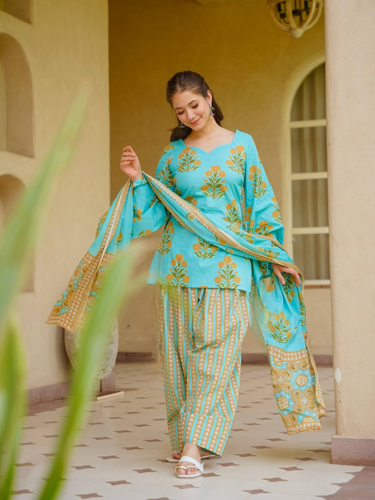Aqua Floral Cambric Farshi Set