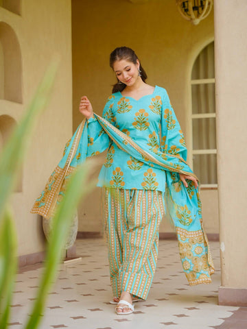 Aqua Floral Cambric Farshi Set