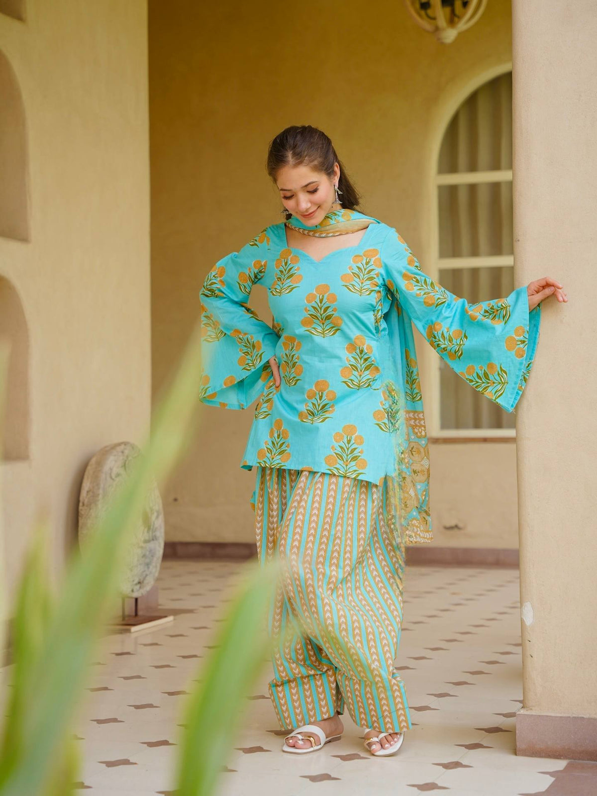 Aqua Floral Cambric Farshi Set
