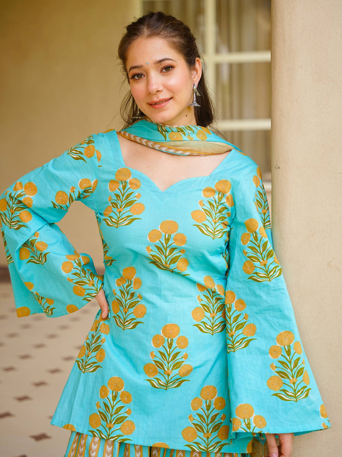 Aqua Floral Cambric Farshi Set