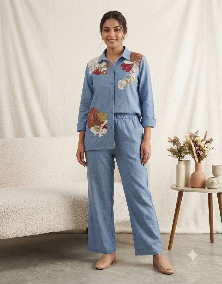 Denim Style Embroidered Co-Ord Set
