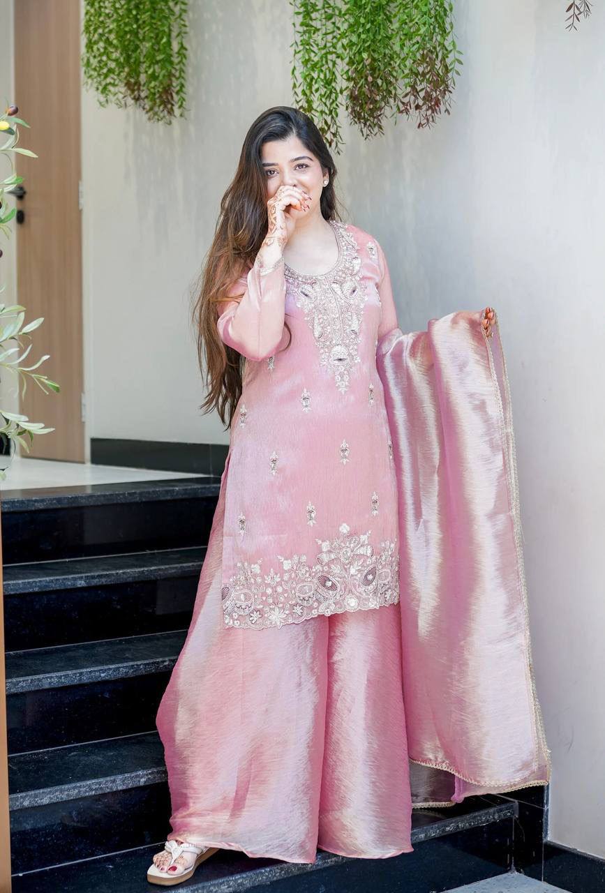 Pastel Luxe Embroidered Palazzo Suit Set