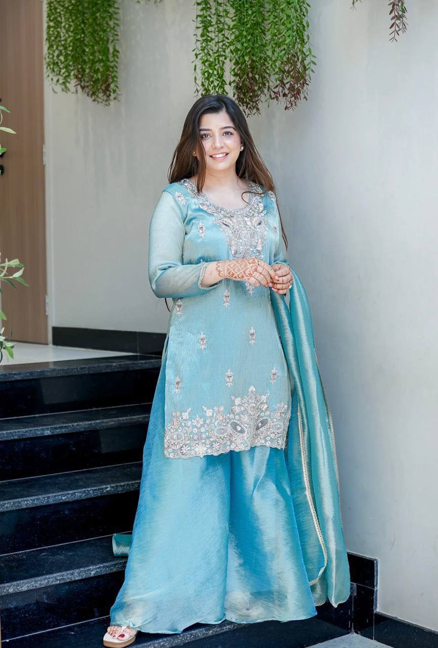 Pastel Luxe Embroidered Palazzo Suit Set