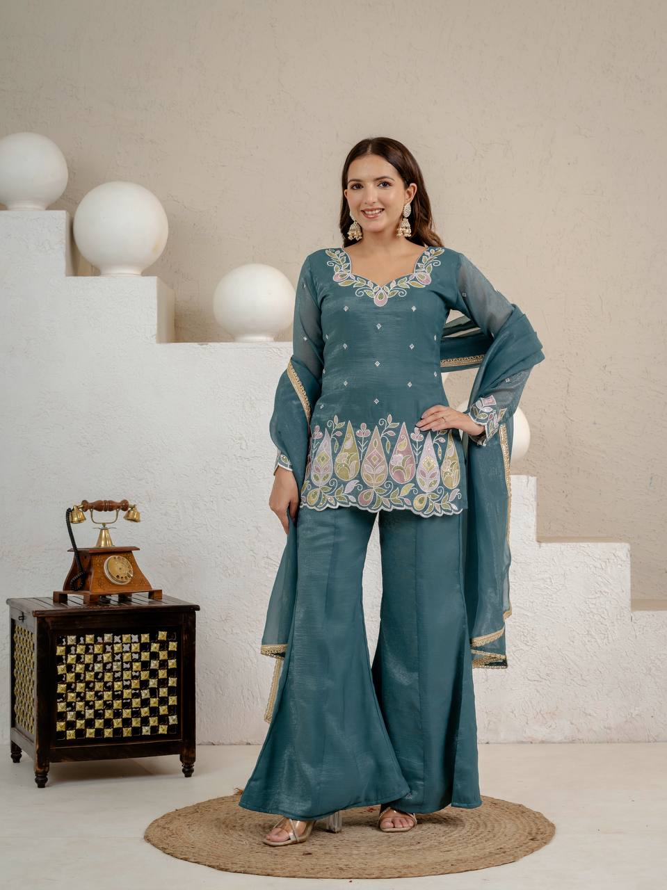 Crunchy Silk Embroidered Palazzo Set