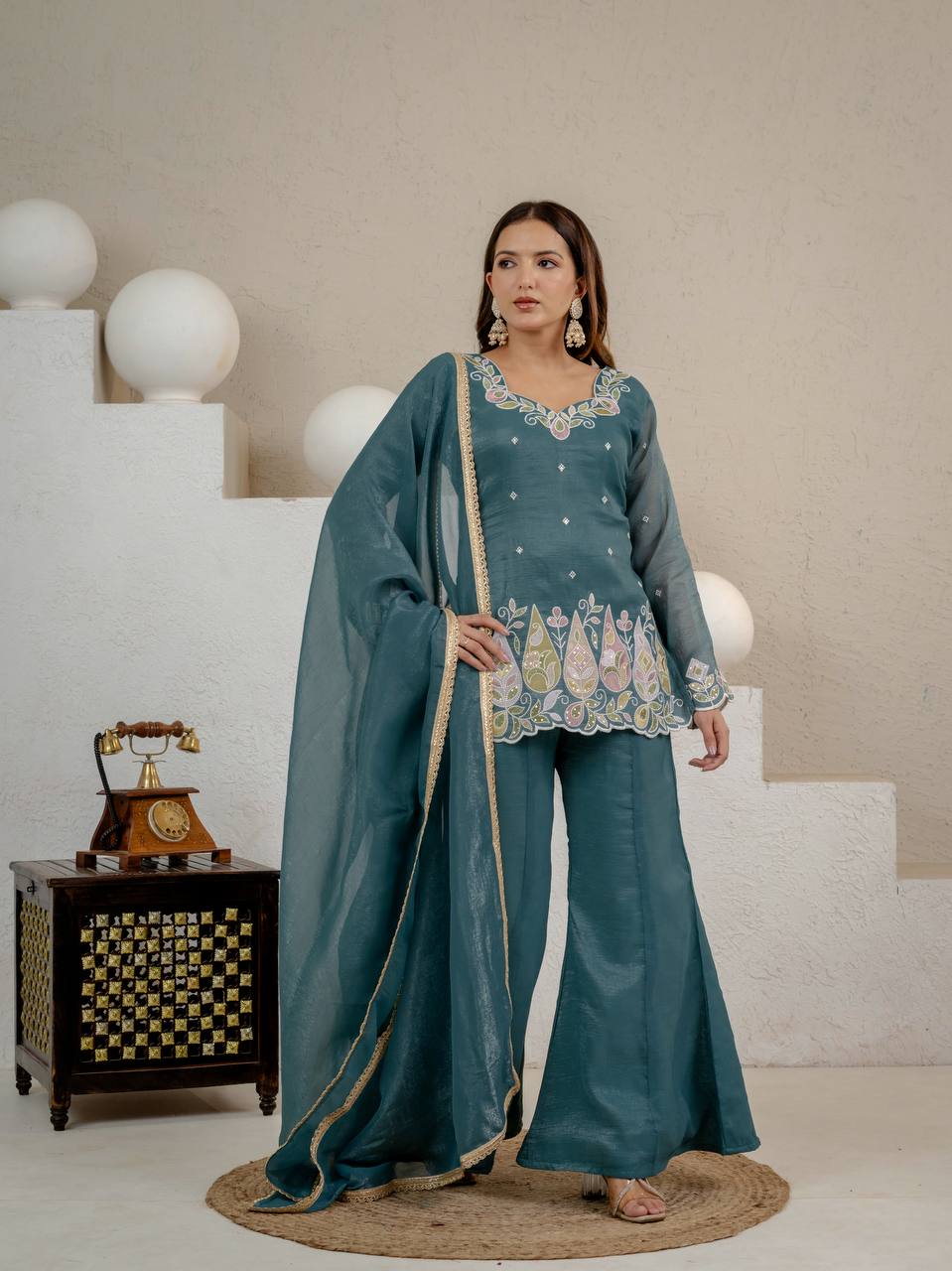 Crunchy Silk Embroidered Palazzo Set