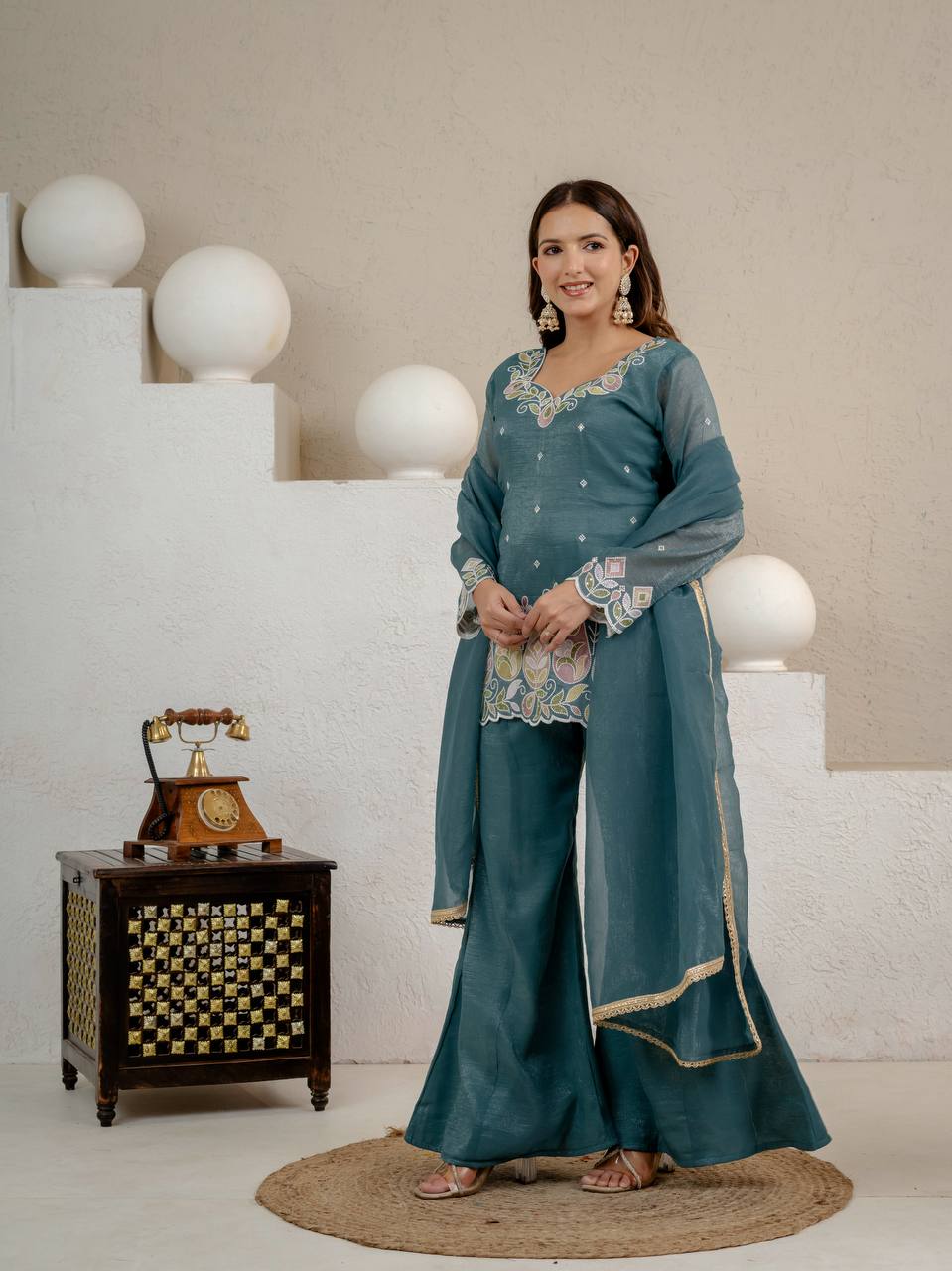Crunchy Silk Embroidered Palazzo Set