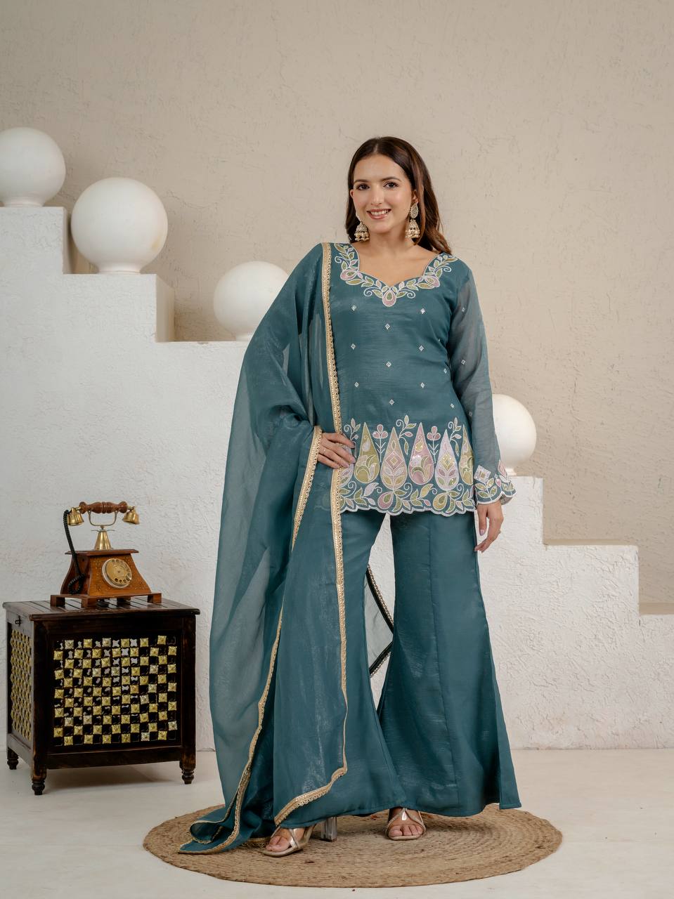 Crunchy Silk Embroidered Palazzo Set