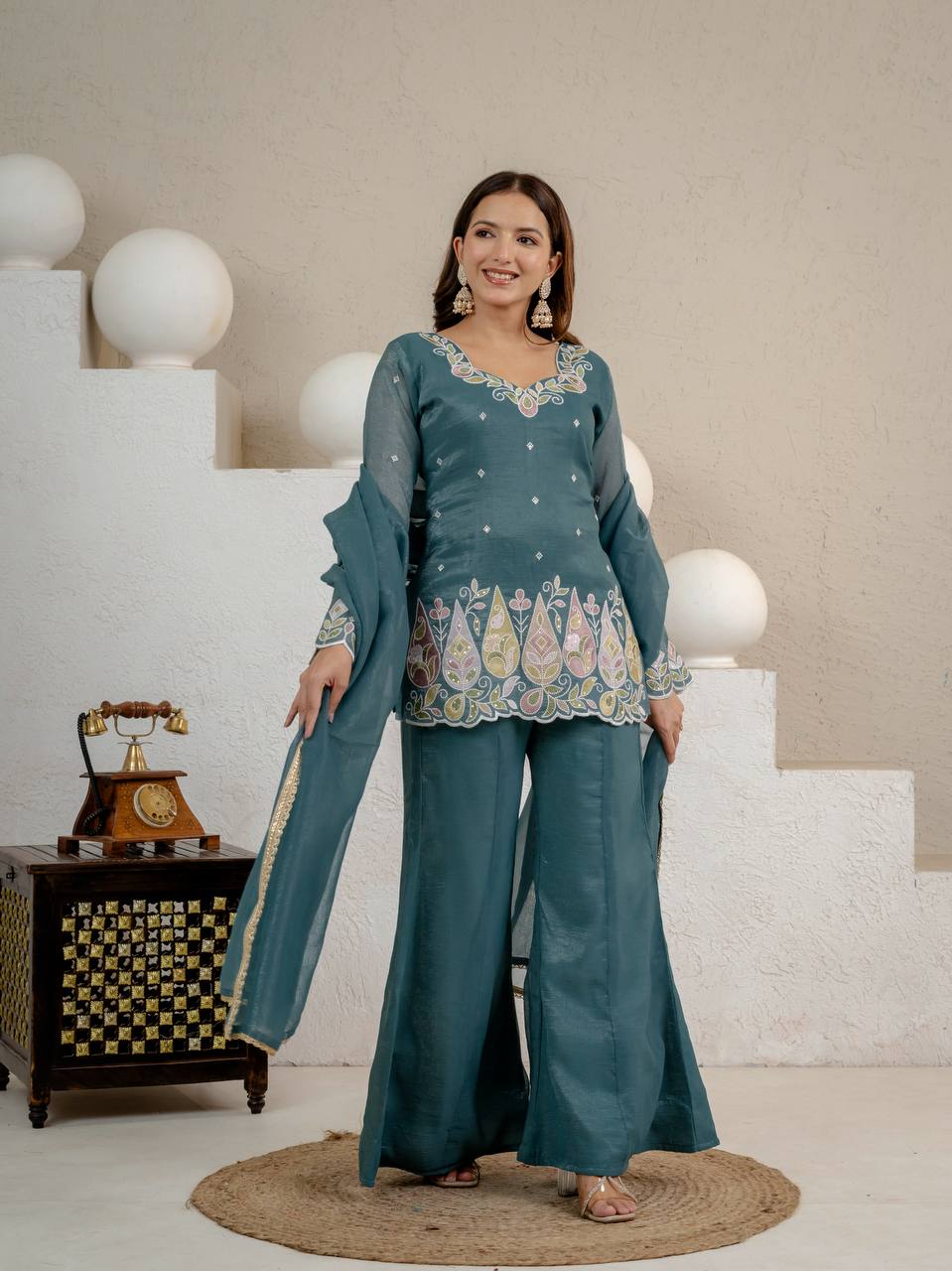 Crunchy Silk Embroidered Palazzo Set