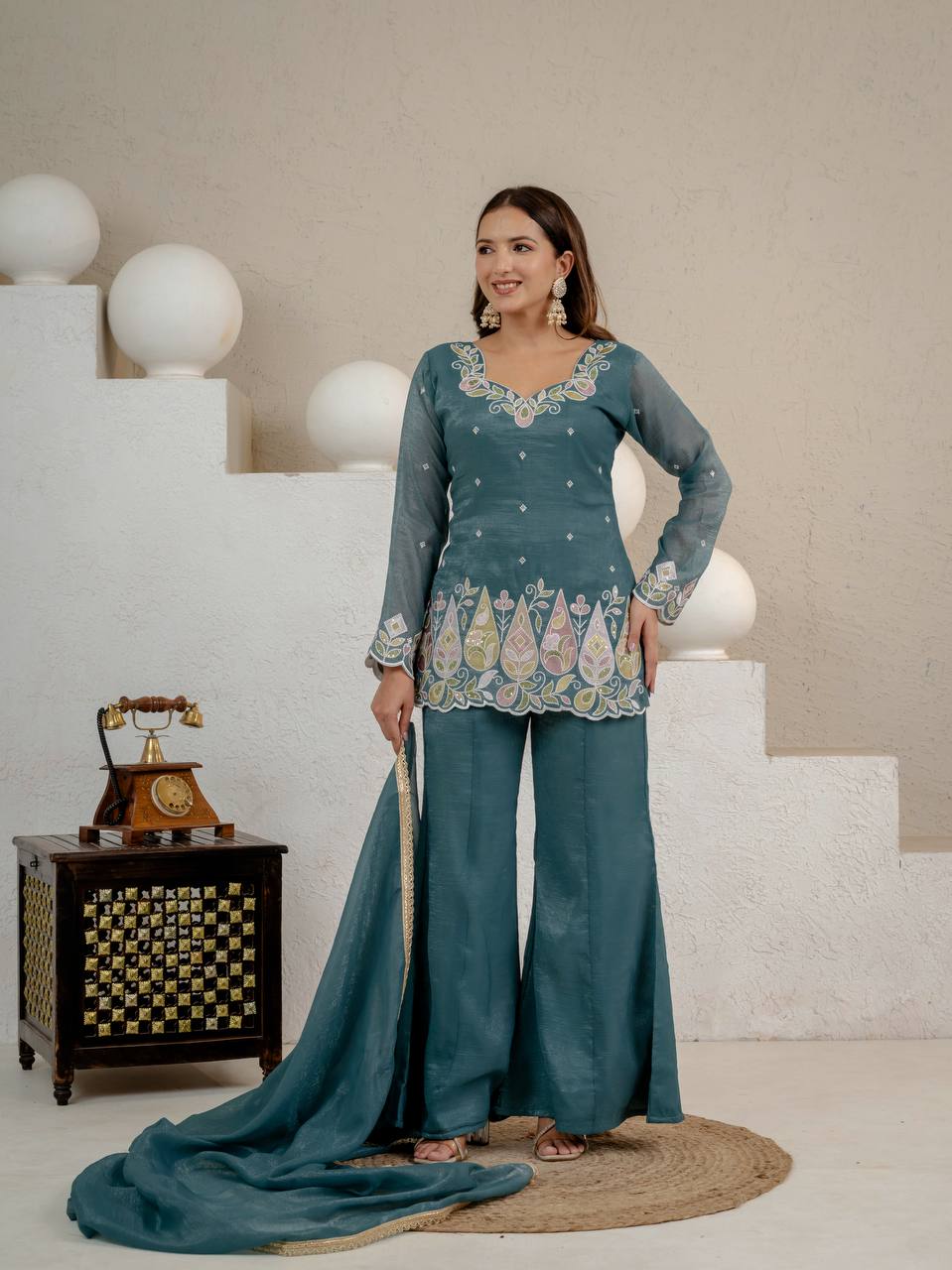 Crunchy Silk Embroidered Palazzo Set