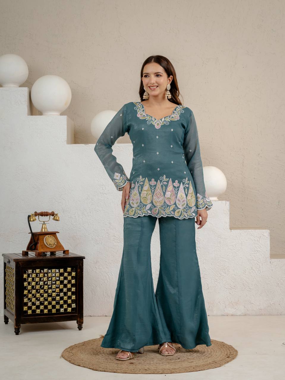 Crunchy Silk Embroidered Palazzo Set