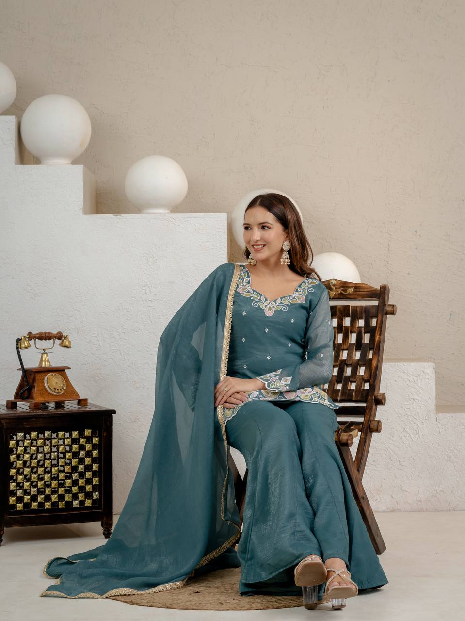 Crunchy Silk Embroidered Palazzo Set
