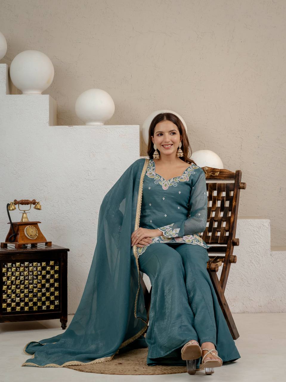 Crunchy Silk Embroidered Palazzo Set