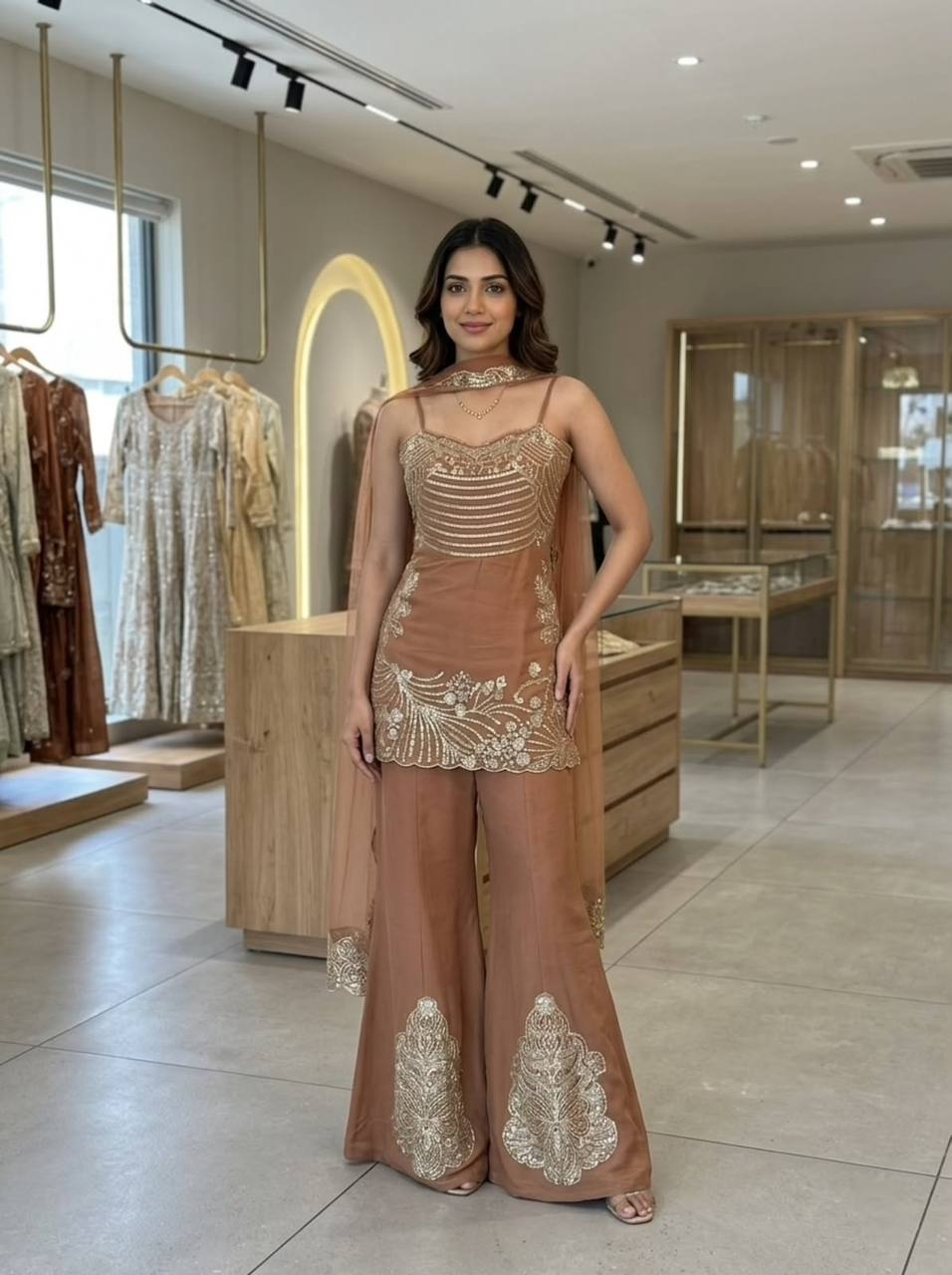 Mocha Glam Embroidered Palazzo Set