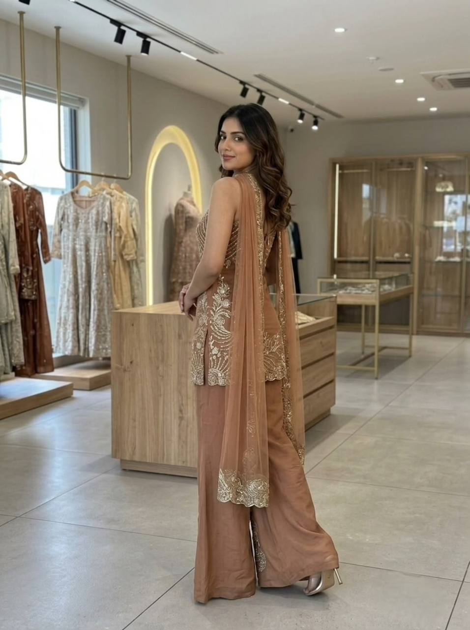 Mocha Glam Embroidered Palazzo Set