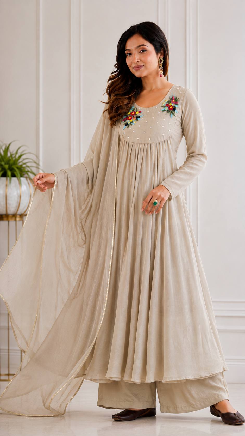 Chanderi Embroidered Anarkali Set