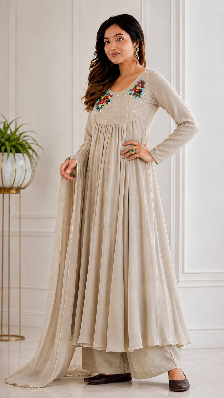 Chanderi Embroidered Anarkali Set