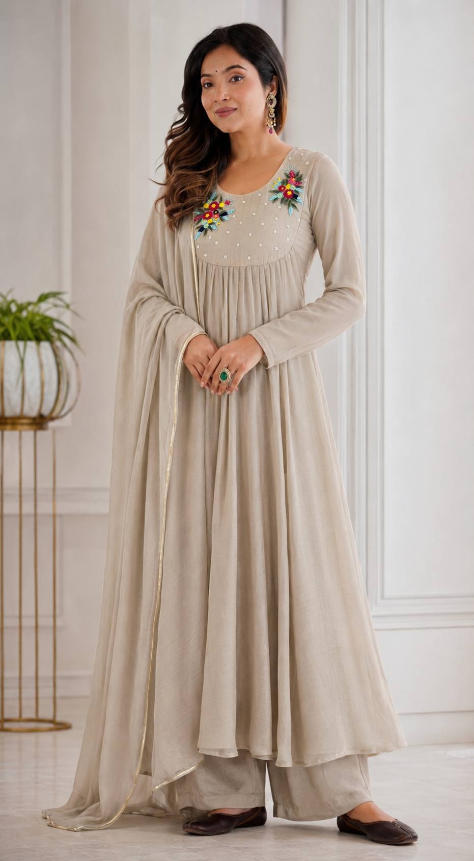 Chanderi Embroidered Anarkali Set