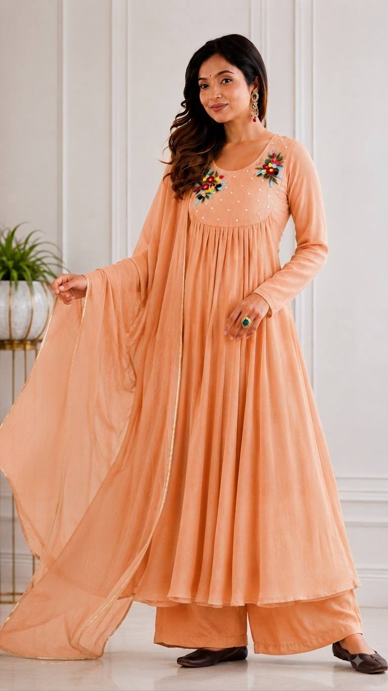 Chanderi Embroidered Anarkali Set