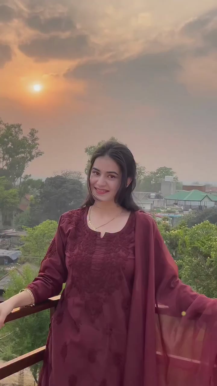 Maroon Rayon Embroidered Farshi Suit Set