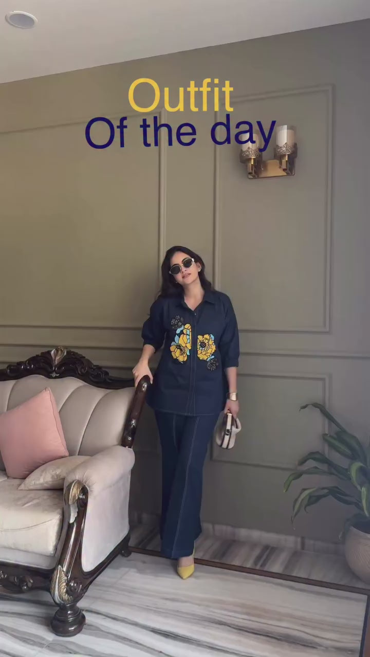Navy Blue Embroidered Cotton Co-Ord Set