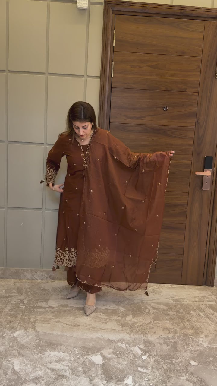 Chocolate Brown Floral Embroidered Suit Set