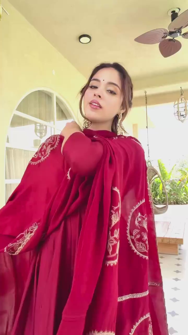 Wine Roman Silk Anarkali Set