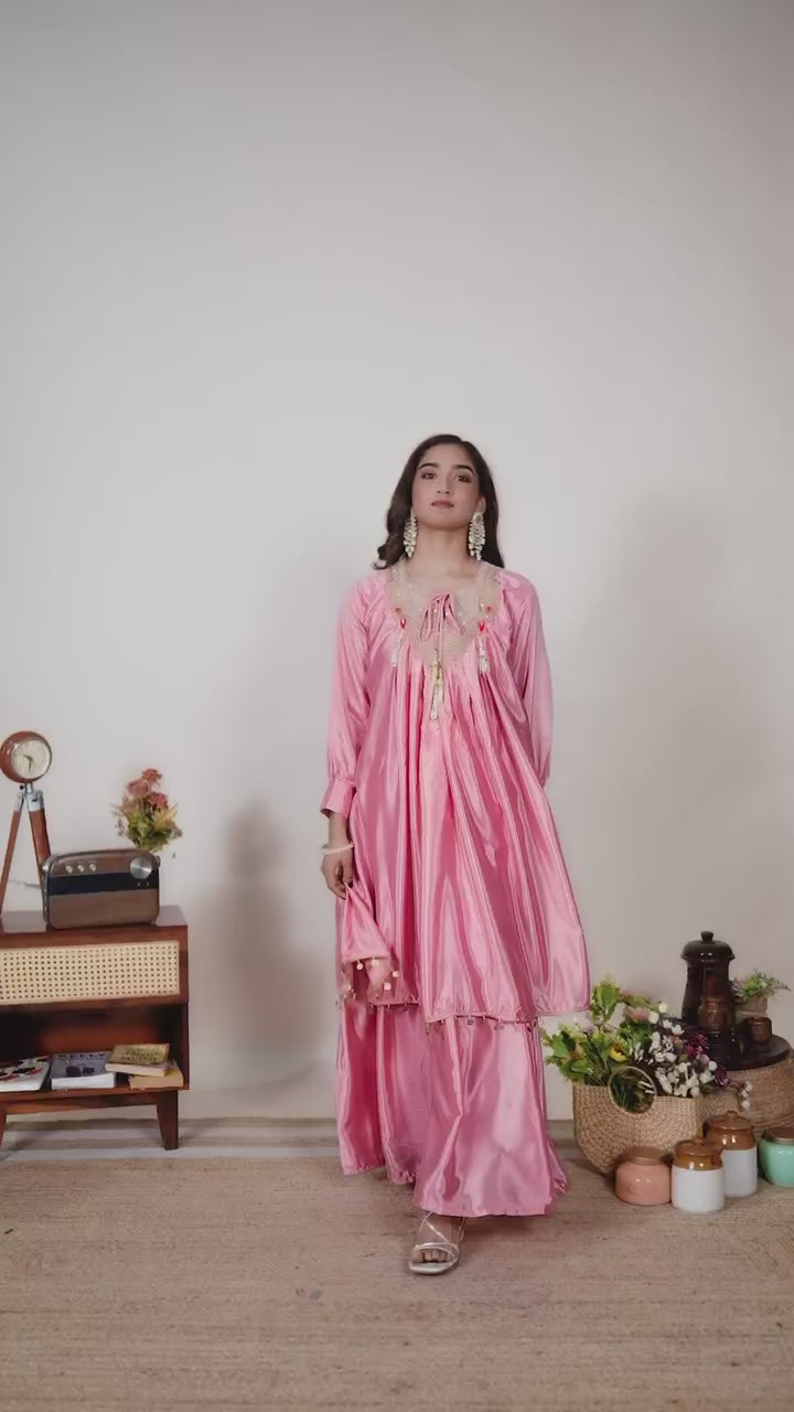 Pink Chinon Kurti Sarara Set with Sequence Embroidery