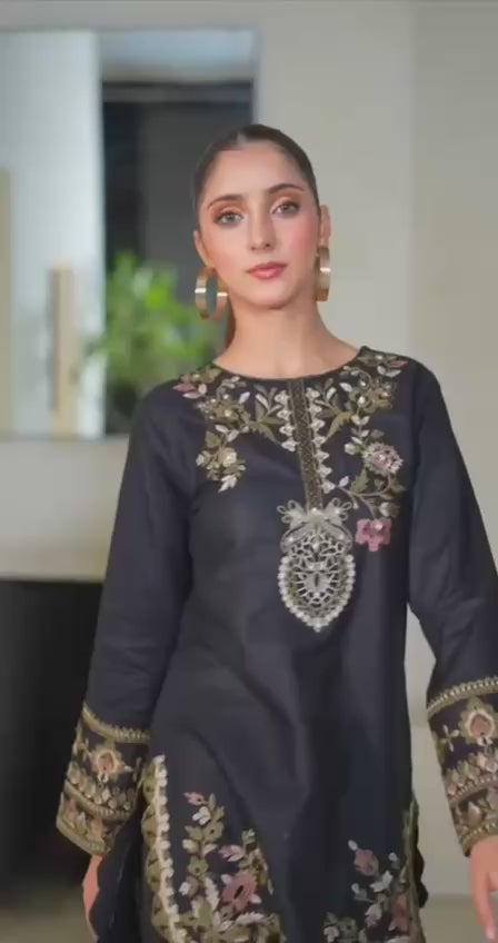 Black Natural Crepe Embroidered Set