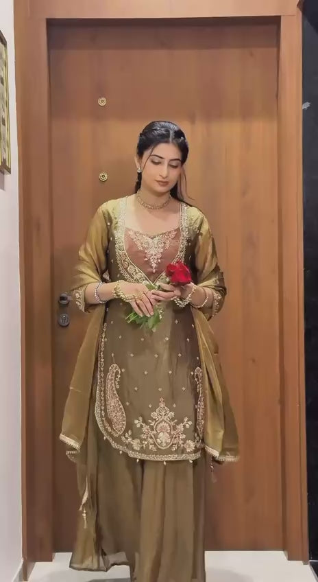 Moss Silk Embroidered Palazzo Set