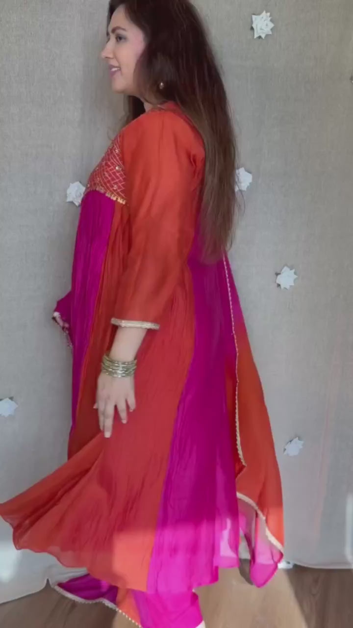Emerald Teal Ombre Mal Chanderi Anarkali Set